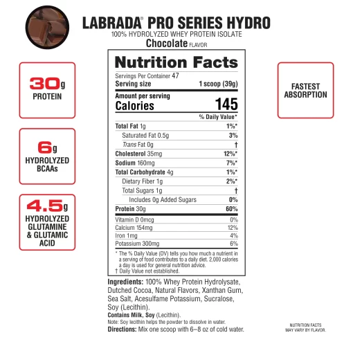 Hydro Vanilla Nutrition Facts